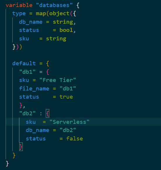 databases variable for iterating over and creating a number of databases using for_each.