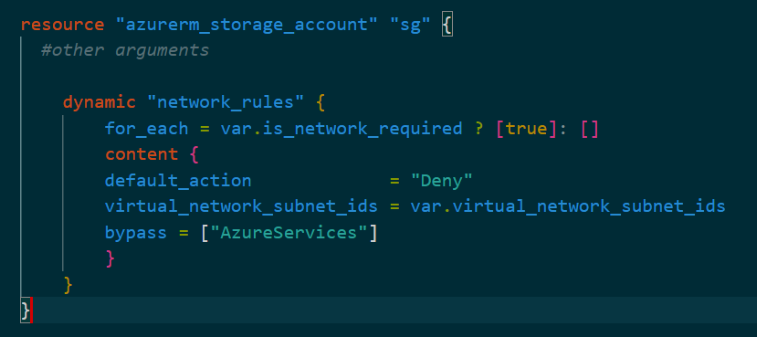 Using dynamic block to run the network_rules conditionally.